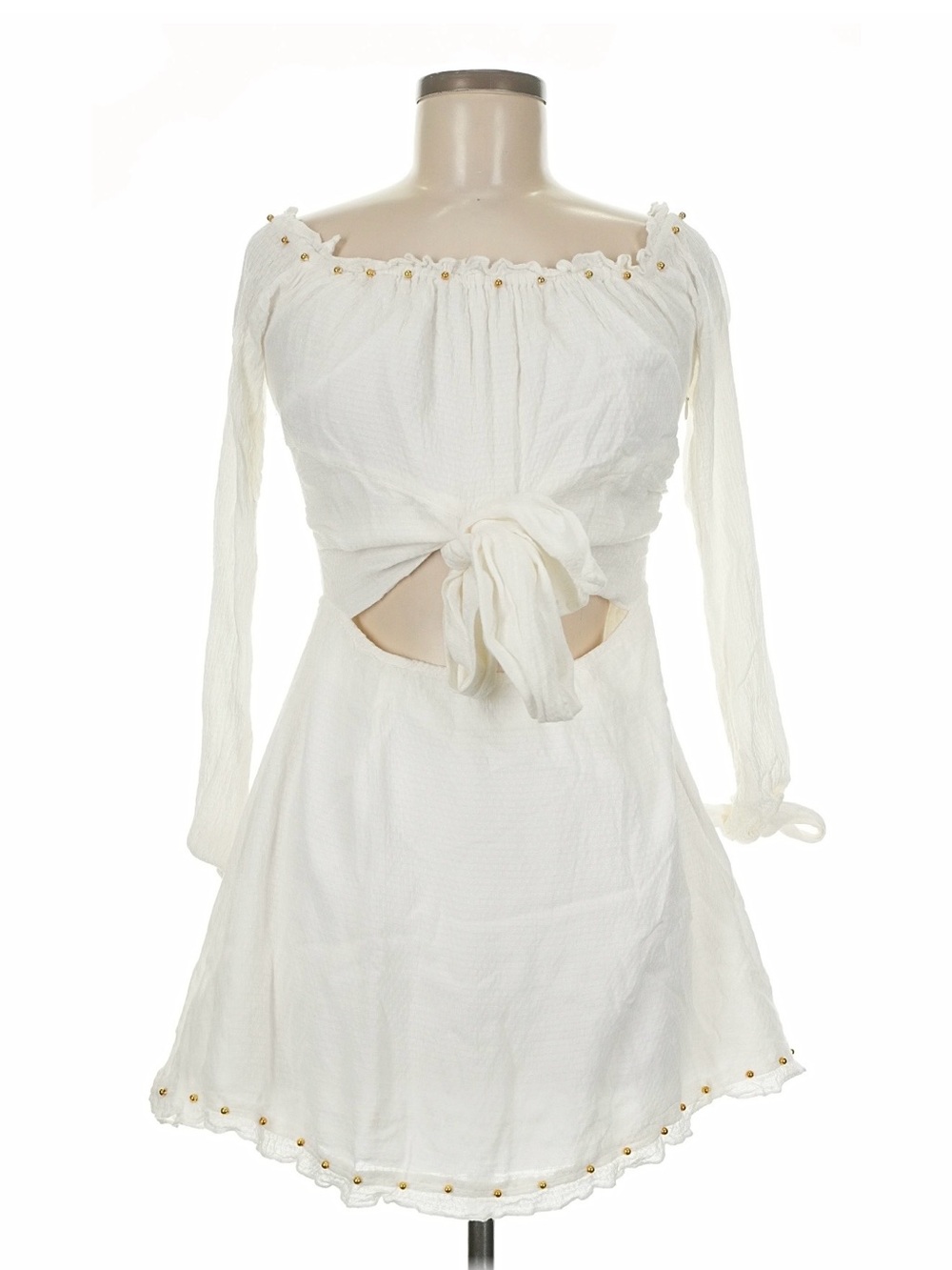 LOVERS + FRIENDS WHITE OFF THE SHOULDER TIE-FRONT SUNRISE DRESS. Size Medium. - Picture 5 of 16